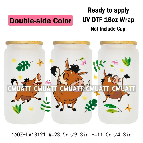 Double Side Color Cartoon Lion UV DTF Cup Wrap Transfer Stickers For 16oz Libbey Glass Beer Selfadhesive Waterproof Adhesive