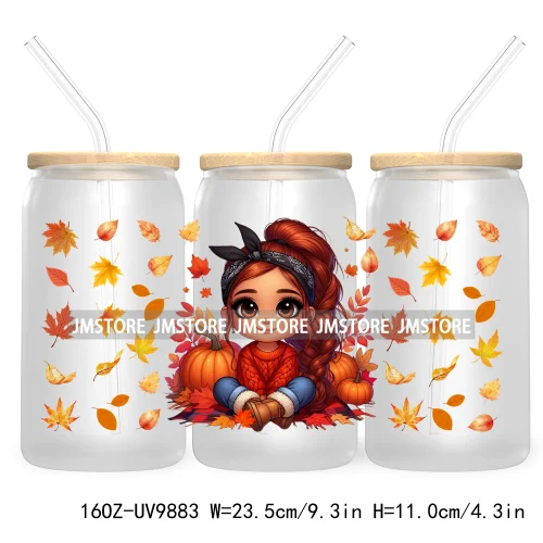 Mexican Latina Chibi Autumn Baby Girl UV DTF Sticker For 16OZ Libbey Glass Cup Can Wrap Transfer Stickers Custom Labels DIY Logo