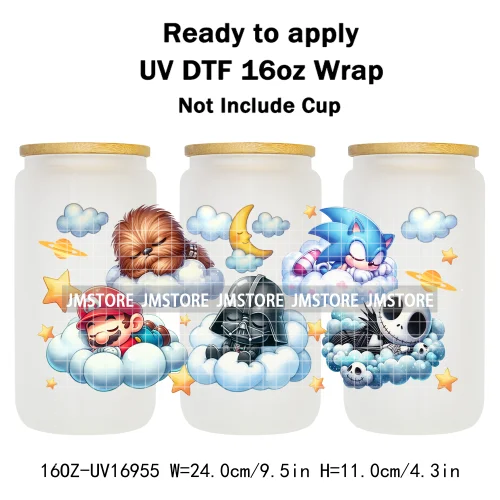 Cute Cartoon Character Sleeping On The Clouds UV DTF Stickers Ready To Apply Cup Wrap Custom Labels For 16OZ Libbey Can Glass
