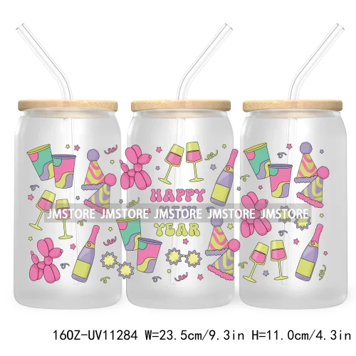 Happy New Year Christmas Tree Gingerbread 16OZ UV Cup Wrap DTF Transfer Stickers For Libbey Glass Can Cups Tumbler Waterproof