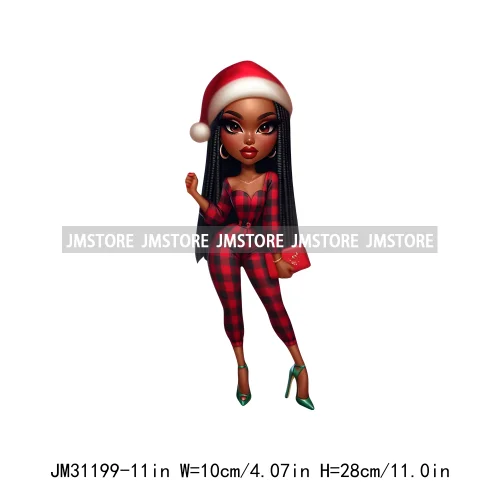 Fashion Santa Afro Black Woman Merry Christmas Girly Winter Iron On DTF Transfers Stickers Printing Ready To Press For Clothing