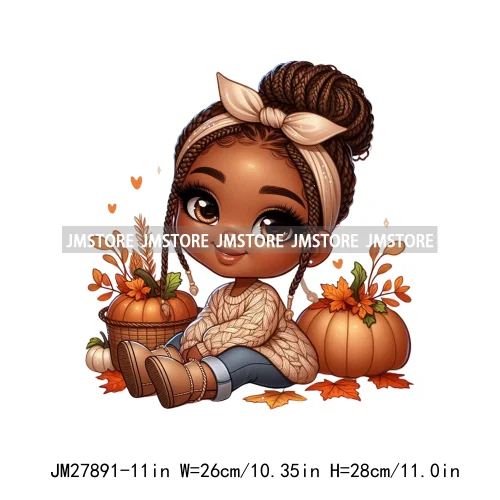 New Autumn Chibi Black Baby Girls Cartoon Afro Princess Pumpkin Fall Season DTF Iron On Heat Press Transfer Stickers For Hoodies