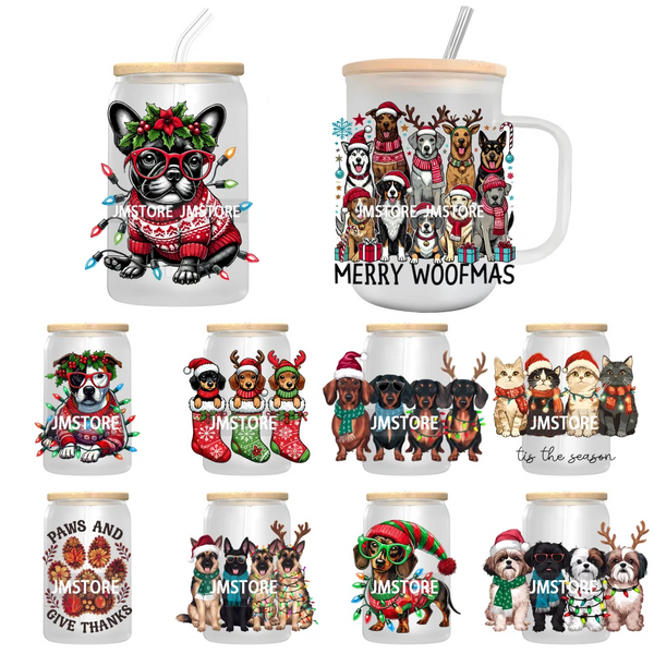 Funny Dog Cat Pets Christmas UV Sticker Decals For Libbey Cold Cups Mugs Tumbler Transfer Stickers Waterproof Logo Merry Woofmas