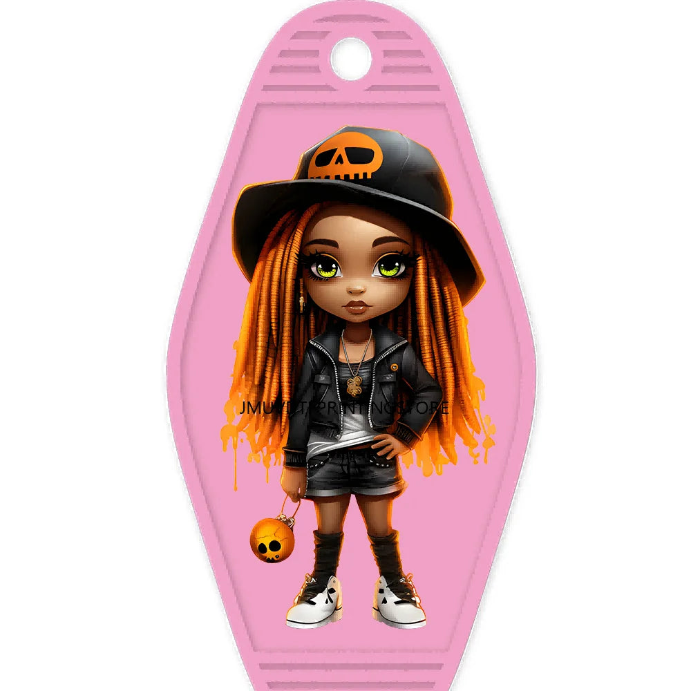 Halloween Pumpkin Cute Afro Girls High Quality WaterProof UV DTF Sticker For Motel Hotel Keychain Festival Gifts