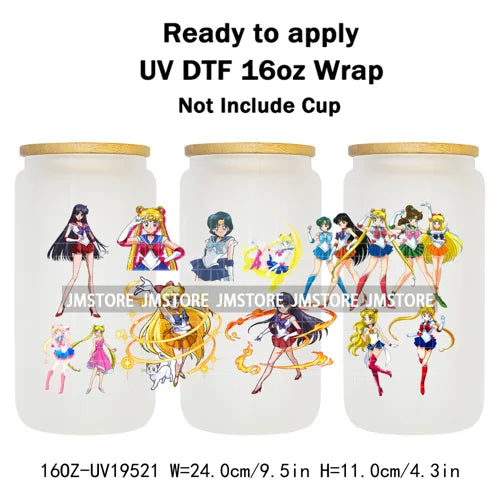 Sailor Girls Inspired Anime Fan Cartoon Characters UV DTF Transfer Sticker Cup Tumbler Wrap For 16OZ Libbey Glass Wraps Bottle