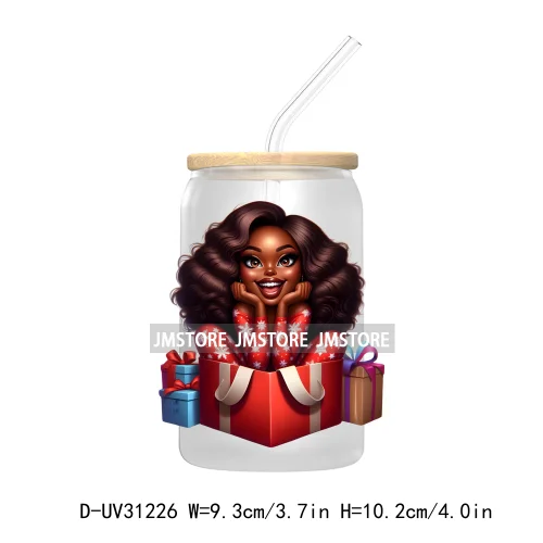 Afro Woman Nails Hip Pop Santa UV DTF Transfer Stickers Decals For Libbey Cold Cups Mugs Tumbler Just A Girl Who Loves Christmas