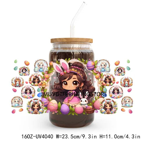 Cute Cartoon Girl With Egg UV DTF Sticker For 16OZ Libbey Glass Cup Can Wrap Transfer Sticker Custom Print DIY Logo Easter Vibes