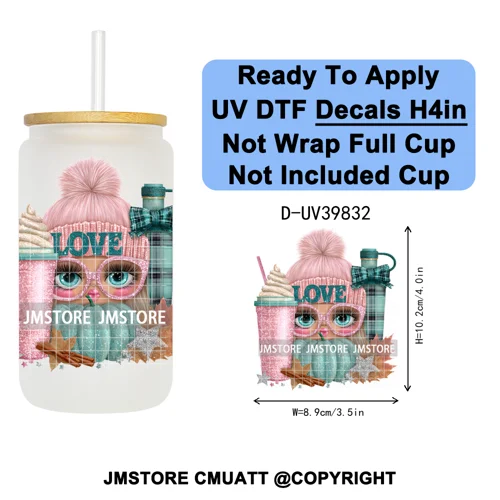 Girly Halloween Ghost Pumpkin Coffee Lover UV DTF Transfer Stickers Decals Ready To Apply Waterproof For 16OZ Libbey Glass Can