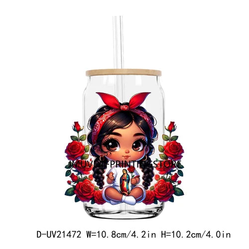 Chibi Cute Chicana Doll With Rose UV DTF Transfers Stickers Decals For Libbey Cold Cups Mugs Tumbler Mexico Waterproof DIY Logo