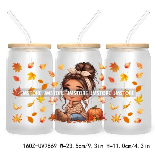 Mexican Latina Chibi Autumn Baby Girl UV DTF Sticker For 16OZ Libbey Glass Cup Can Wrap Transfer Stickers Custom Labels DIY Logo