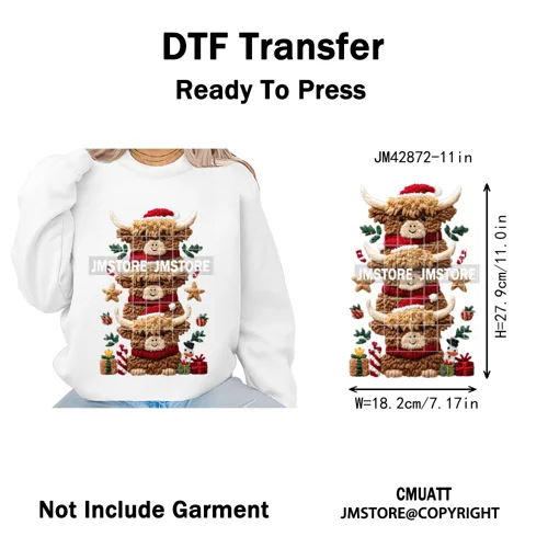 Faux Latch Hook Yarn Crochet Christmas Highland Cow Santa Iron on DTF Washable Transfer Stickers Ready to Press for Garment Bags