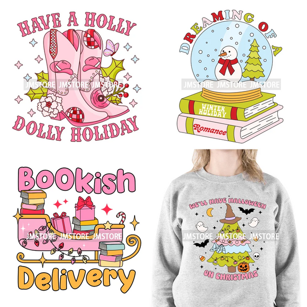 Merry Christmas Bookish Reading Season Holly Jolly Festive Holiday Iron On DTF Transfers Stickers Ready To Press For T-shirts