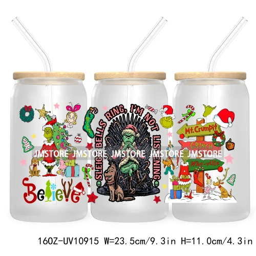 Retro Christmas Mean Guy UV DTF Cup Wrap For Libbey Glass Can Transfer Stickers Waterproof Custom Labels Merry Greenmas Xmas