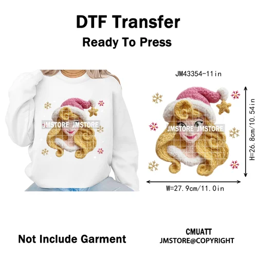 Cute Faux Knitting Yarn Princess Cartoon Character Christmas Holiday Iron on DTF Transfers Stickers Ready to Press for Hoodies