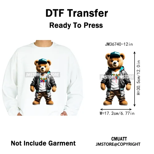 12in Cool Retro Urban Streetwear Graffiti Hip Hop Teddy Bear Iron On DTF Washable Transfers Stickers Ready to Press For Clothing