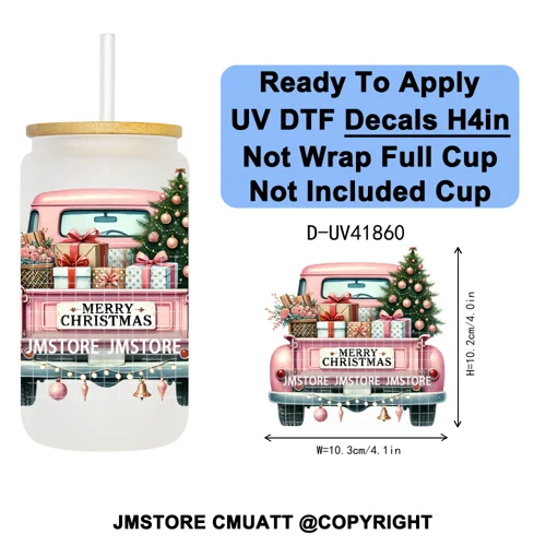 Watercolor Christmas Farm Truck Xmas Gifts UV DTF Transfer Stickers Decals Ready To Apply Waterproof For 16OZ Libbey Glass Can