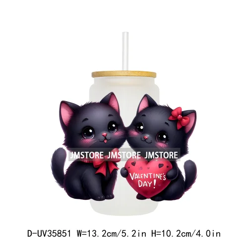 Valentine's Day Black Cat Couple UV DTF Transfer Stickers Decals Ready To Apply Waterproof For 16OZ Libbey Glass Can Cup Tumbler