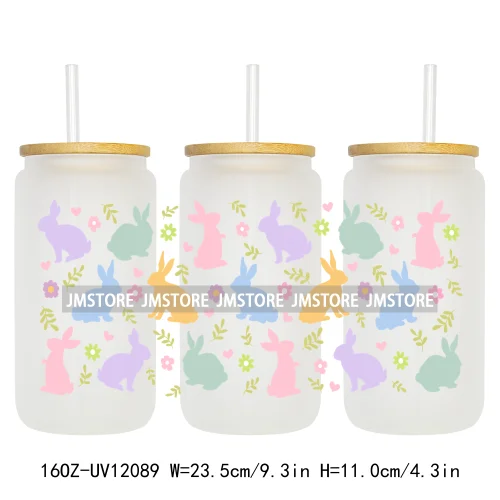 Retro Easter Bunny Rabbit Eggs Flowers 16OZ UV Cup Wrap DTF Transfer Stickers For Libbey Glass Can Cup Tumbler Waterproof Labels