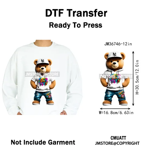 12in Cool Retro Urban Streetwear Graffiti Hip Hop Teddy Bear Iron On DTF Washable Transfers Stickers Ready to Press For Clothing