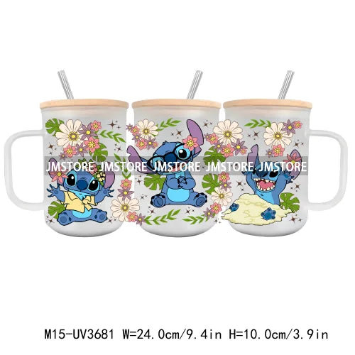 Cartoon Best Friends UV DTF Glass Can Wrap For 15OZ Mug Glass Cup Transfer Stickers DIY Custom Logo Labels Cute Cat Sunflowers