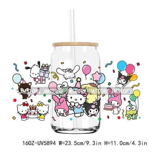 Flower Cartoon Cat With Pink Bow 16OZ UV DTF Cup Wrap Transfer Sticker Custom Label Durable Waterproof Logo For Libbey Glass Can