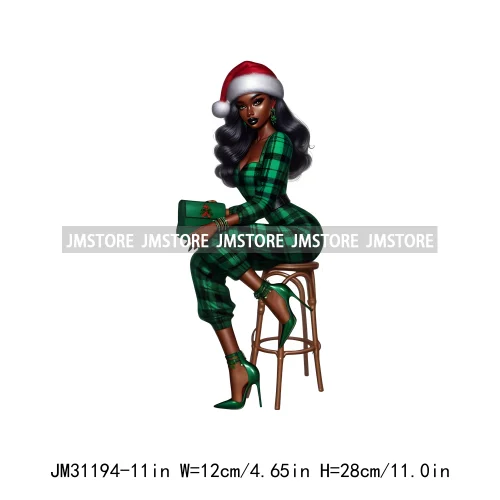 Fashion Santa Afro Black Woman Merry Christmas Girly Winter Iron On DTF Transfers Stickers Printing Ready To Press For Clothing