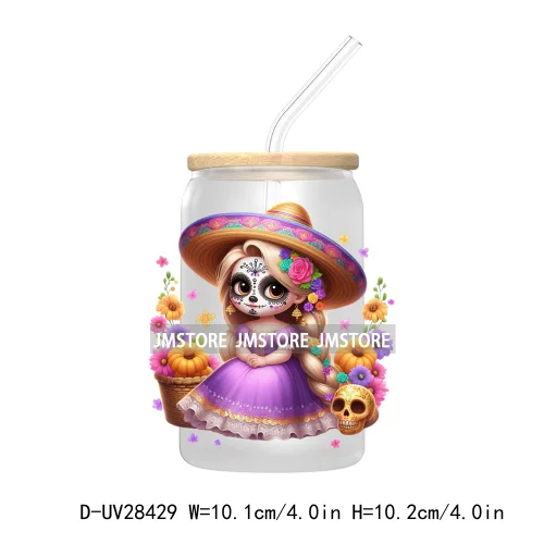 Cute Latina Cartoon Princess Baby Girl UV DTF Transfer Stickers Decals For Libbey Cold Cups Mug Tumbler Labels Sugar Skull Woman