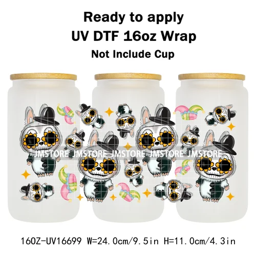 Laboo Cartoon Horror Halloween Characters 16OZ UV DTF Cup Wraps Ready To Apply Waterproof Transfer Stickers For Libbey Glass Can