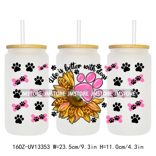 Pet Puppy Dog Paws Flowers Cat Mom Dogs Mama 16OZ UV Cup Wrap DTF Transfer Stickers Waterproof For Libbey Glass Can Cups Tumbler