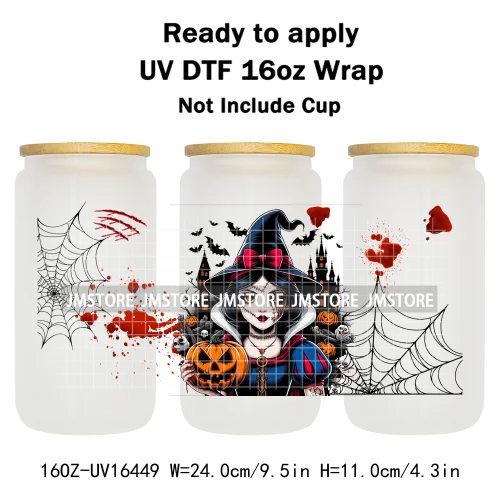 Halloween Witch Princess Bat Pumpkin UV DTF Wraps Transfer Stickers Waterproof High Quality For 16OZ Libbey Glass Can Tumbler