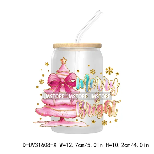 Merry Bright Coquette Bow Glitter Christmas Tree Girly UV DTF Transfer Stickers Decals For Libbey Cold Cup Mug Tumbler Durable