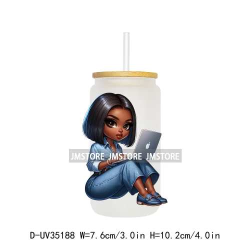 Fashion Black Chibi Denim Girl UV DTF Transfer Stickers Decals Ready To Apply Waterproof For 16OZ Libbey Glass Can Cup Tumbler