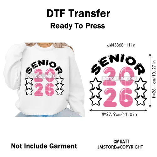 High School Senior 2026 Graduation Club Coquette Gifts Iron on Washable DTF Heat Transfers Stickers Ready to Press for Clothes