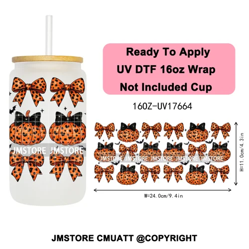 Halloween Fall Autumn Pumpkins Coquette Leopard Bow UV DTF Cup Wrap 16OZ Ready To Apply Transfer Stickers For Libbey Glass Can