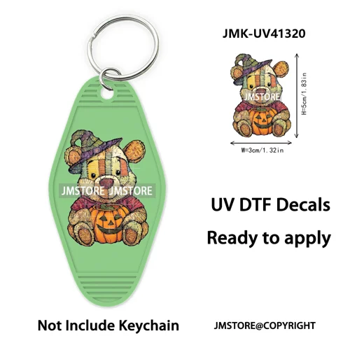 Cartoon Bear Pumpkin Fall Autumn Halloween UV DTF Motel Keychain Wraps Ready To Apply Custom High Quality Hotel Keychain Decals