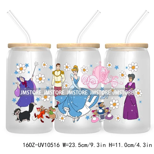 Cartoon Princess Floral Flowers 16OZ UV DTF Cup Wrap Transfer Stickers Custom Labels Waterproof For Libbey Glass Can Best Friend