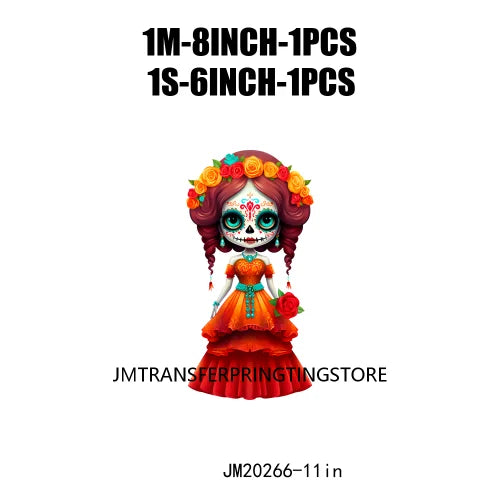 Cute Doll La Catrina Day Of The Dead Sugar Skull Mexican Halloween Iron On DTF Transfer Stickers Ready To Press For Hoodies Bags