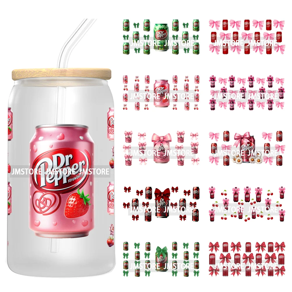 Soft Drink Pink Bow Coquette Strawberry UV DTF Wraps Transfer Sticker Selfadhesive Waterproof  For 16OZ Libbey Glass Can Tumbler