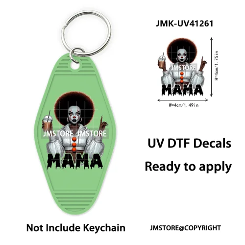Black Girl Halloween Spooky Horror Mama UV DTF Motel Keychain Wraps Ready To Apply Waterproof High Quality Hotel Keychain Decals