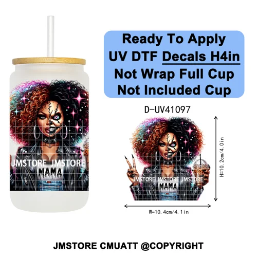 Scary Movie Character Afro Girls Halloween UV DTF Transfer Stickers Decals Ready To Apply Waterproof For 16OZ Libbey Glass Can