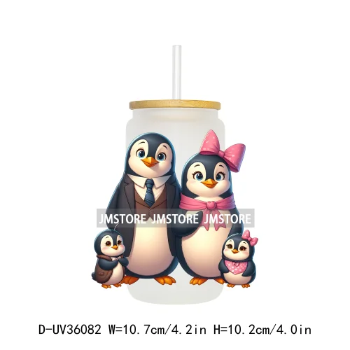 Penguin Family Coquette Bow UV DTF Transfer Stickers Decals Ready To Apply Waterproof For 16OZ Libbey Glass Can Cups Tumbler