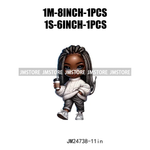 Dreadlocks Coffee Chibi Black Girls Pink Fashion African American Denim Girl Iron On DTF Heat Press Transfer Stickers For Shirts