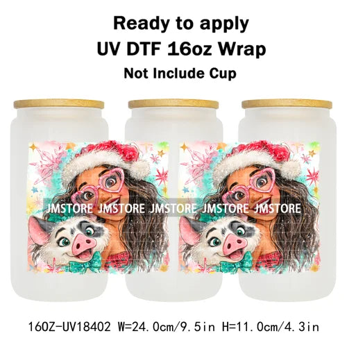 Brushstroke Christmas Glitter Princess UV DTF Cup Wrap Ready To Apply Transfer Stickers 16OZ Tumbler Wraps For Libbey Glass Can
