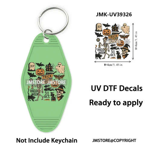 Faux Glitter Halloween Ghost Pumpkin Season UV DTF Motel Keychain Decal Ready To Ship Transfer Stickers Print For Hotel Keychain