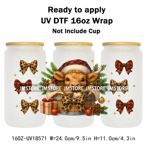 Howdy Christmas Western Highland Cow 16OZ UV DTF Cup Wraps Ready To Apply Waterproof Transfer Stickers For Libbey Glass Can