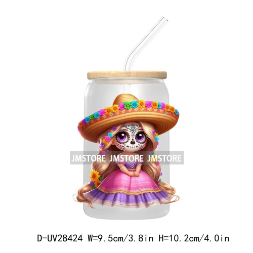 Cute Latina Cartoon Princess Baby Girl UV DTF Transfer Stickers Decals For Libbey Cold Cups Mug Tumbler Labels Sugar Skull Woman