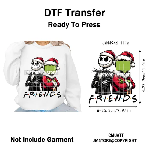 New Nightmare Horror Christmas Movie Characters Lover Iron on Washable DTF Heat Transfers Stickers Ready to Press for Clothes