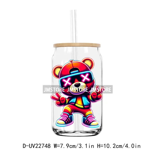 Colorful Neon Teddy Bear Urban Style UV DTF Transfers Stickers Decals For Libbey Cold Cups Mugs Tumbler Waterproof DIY Craft