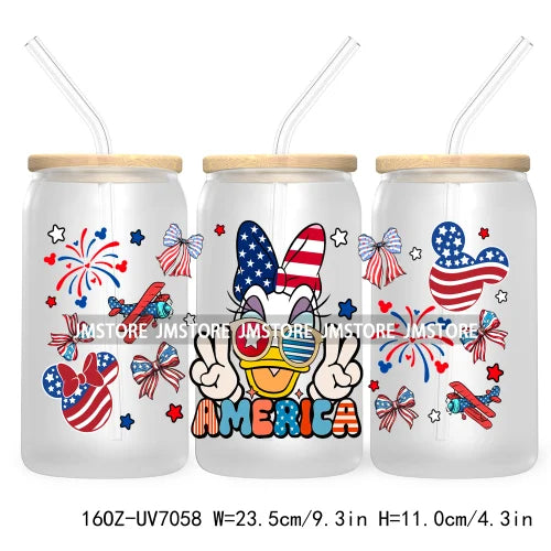 Happy 4TH Of July Cartoon Bear Friends 16OZ UV DTF Cup Wrap Transfer Stickers For Libbey Glass Can Cups Tumbler Waterproof Craft