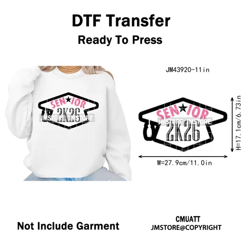 College Mega Senior 2K26 Coquette Class of 2026 Iron on Washable DTF Heat Transfers Stickers Ready to Press for Textiles Bags